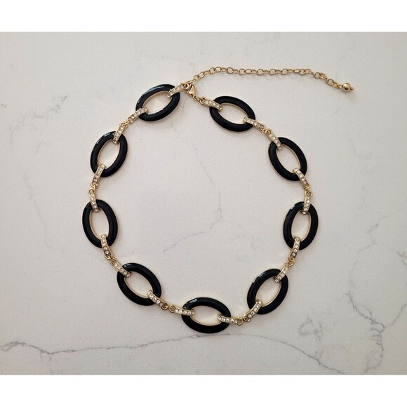 3 Pc Set Black Enamel Gold Tone Link Necklace Set Rhinestone Chunky 16-19" Vtg - Picture 7 of 16